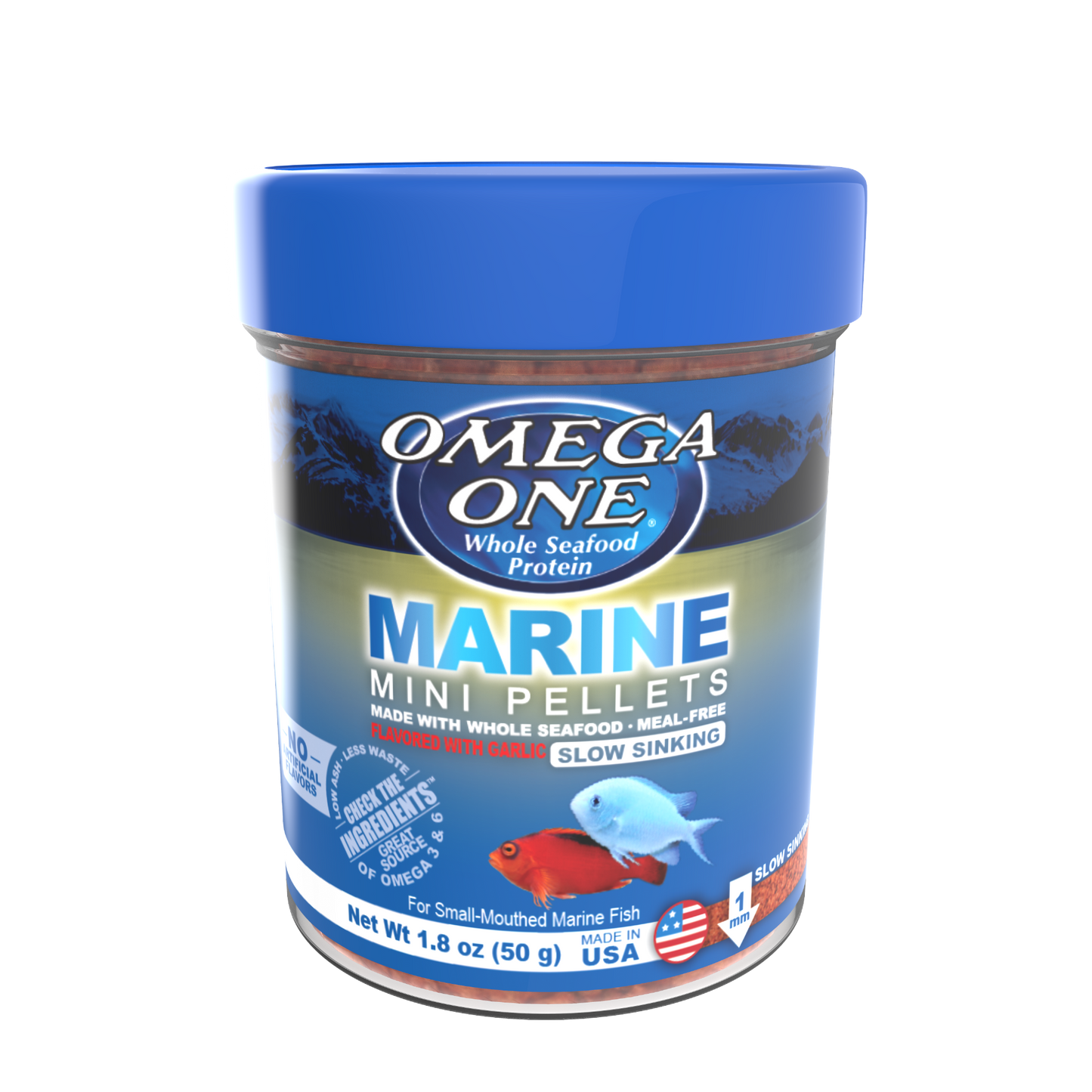 Omega One Marine Mini Slow Sinking Pellet Fish Food Mini Pellets 1.8 oz 698220612112