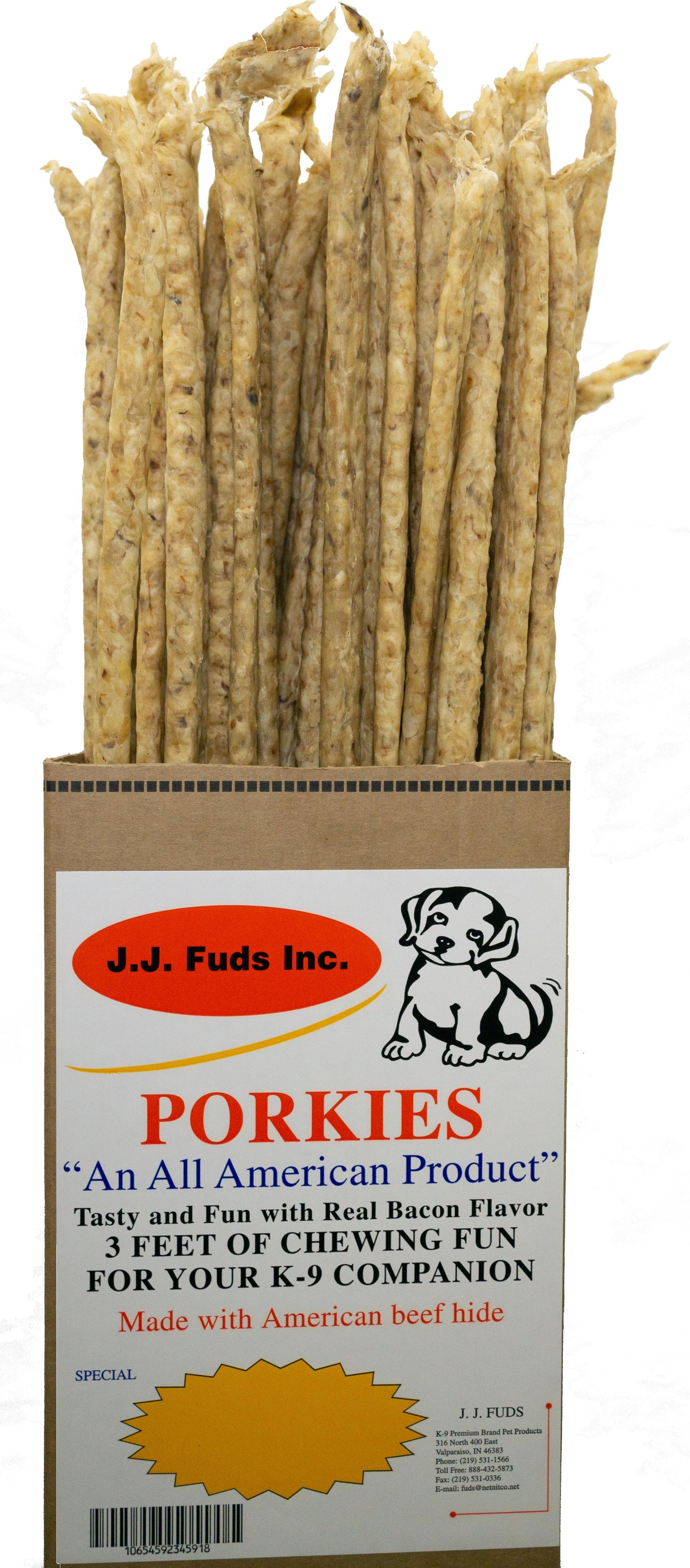 J.J. Fuds Pork Sticks Rawhide Beef/Bacon 36" 80/CS {L-1}545003