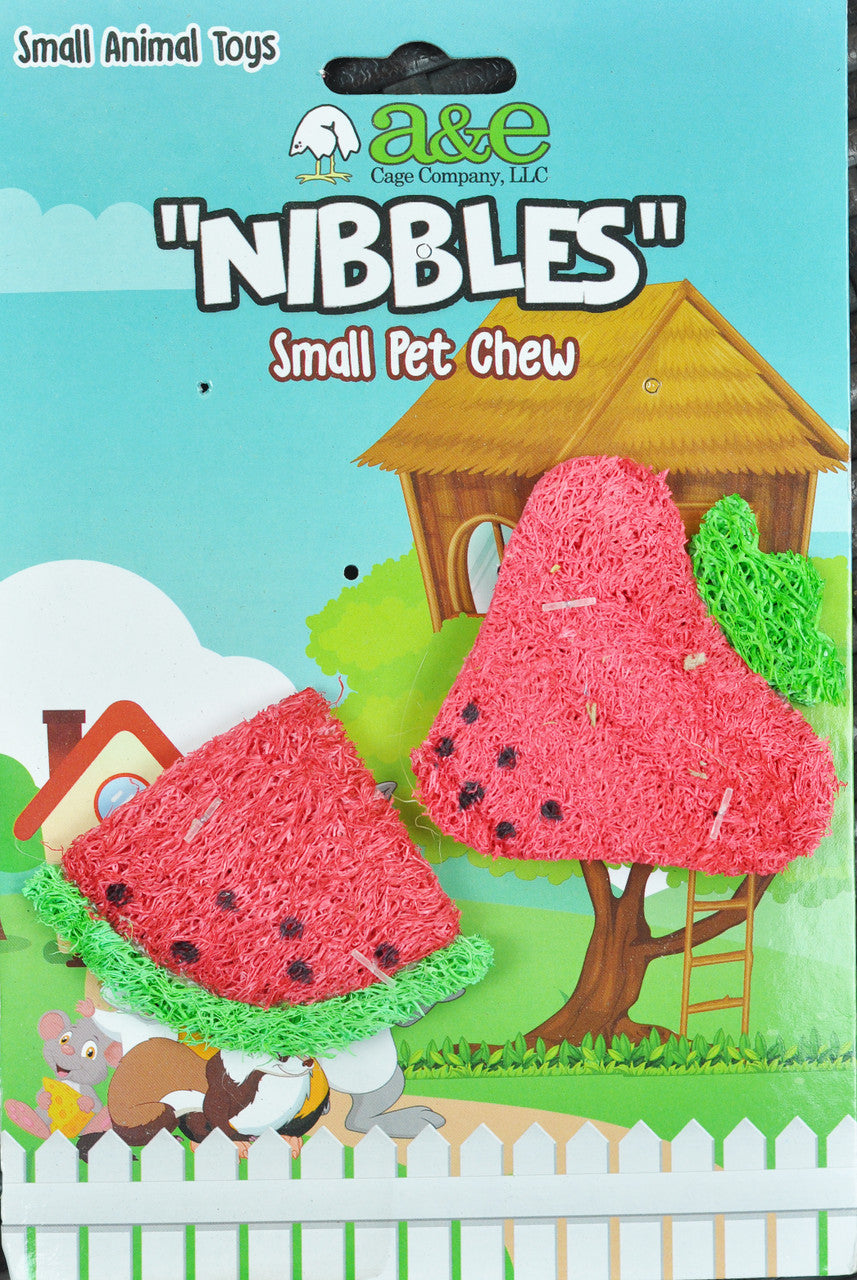 A & E Cages Nibbles Small Animal Loofah Chew Toy Strawberry & Watermelon Slice