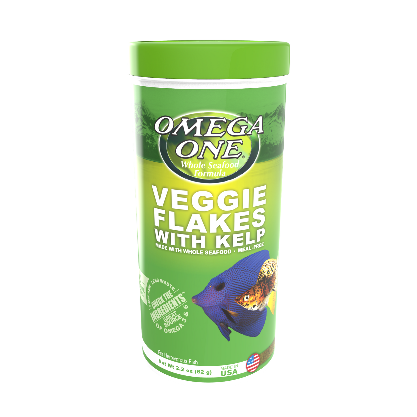 Omega One Veggie Flakes w/Kelp Fish Food 2.2 oz 698220914216