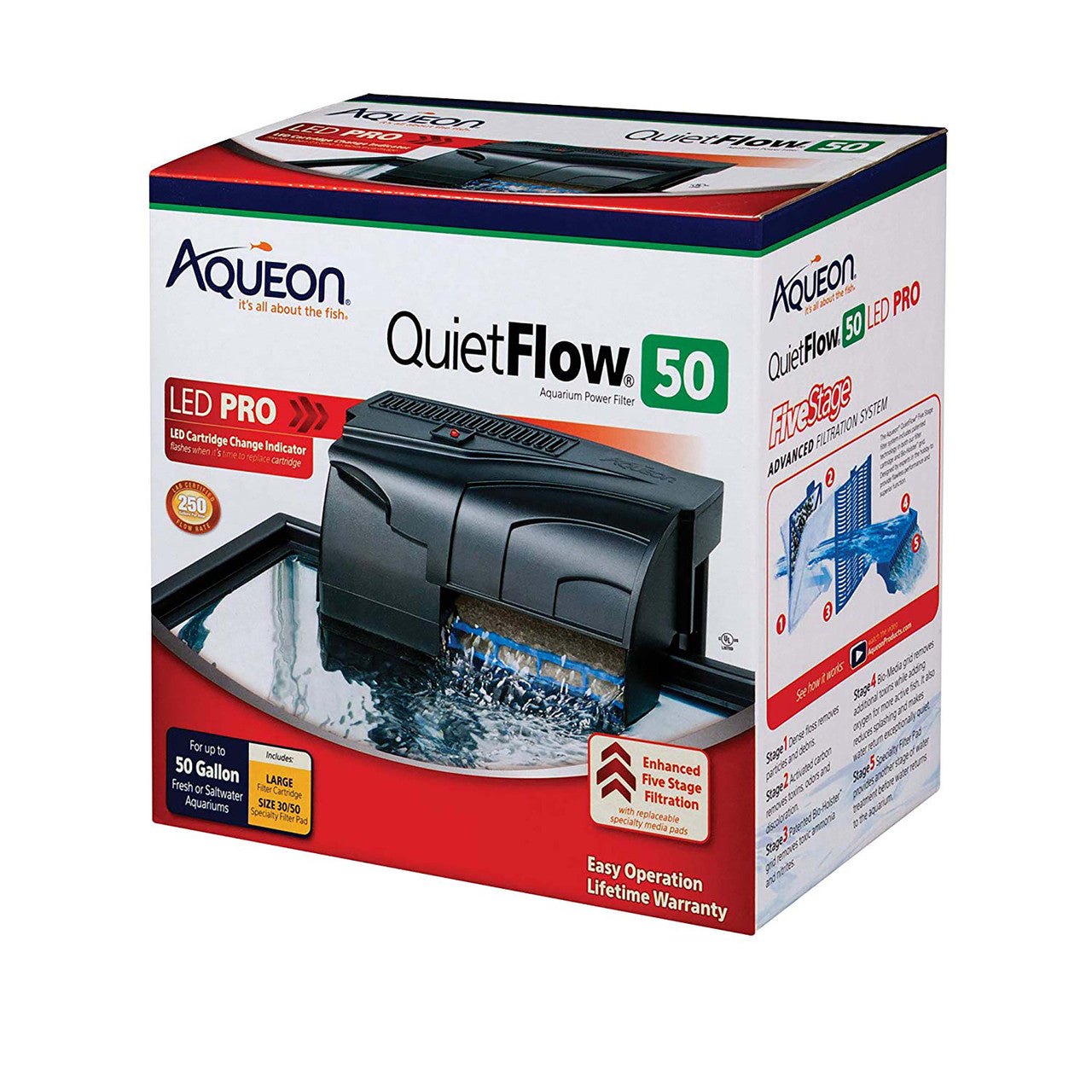 Aqueon QuietFlow LED PRO Aquarium Power Filter, Size 50