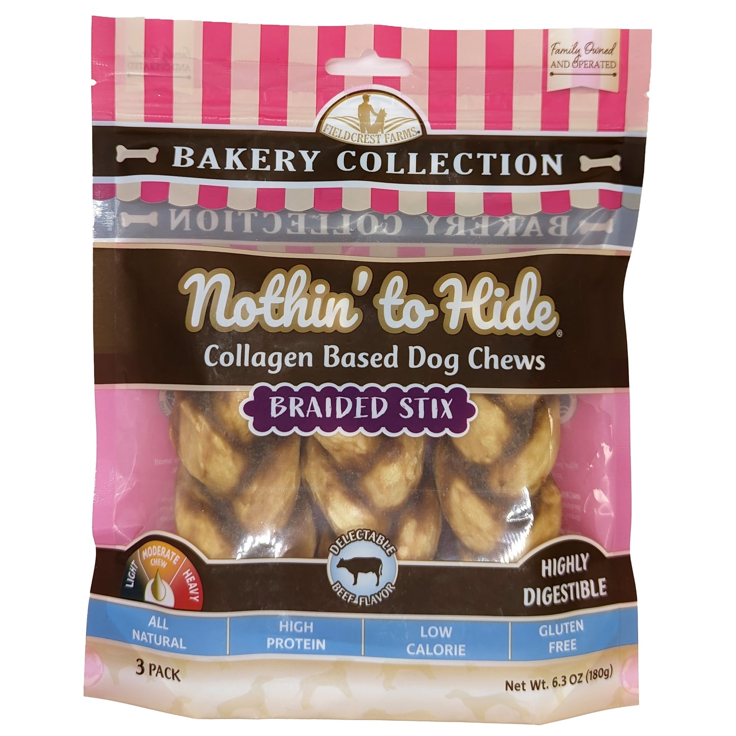 Fieldcrest Farms Nothin' To Hide Bakery Collection Dog Treat Braided Stix Beef 5.5 in, 3 pk 810002633843