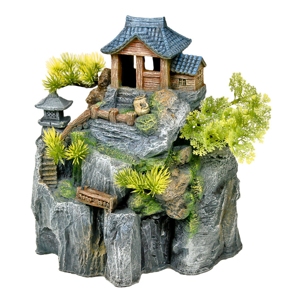 Blue Ribbon Exotic Environments Asian Cottage House Aquarium Ornament with Bonsai Grey, Green, Wood Grain 8.5 in