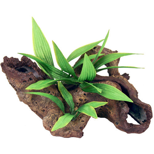 Blue Ribbon Exotic Environments Mopani Wood with Silk Style Plants Brown/Green SM - Aquarium