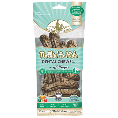 Fieldcrest Farms Nothin' to Hide Dental Wave Collagen Dog Chew Beef 3 in, 12 pk 810002633959