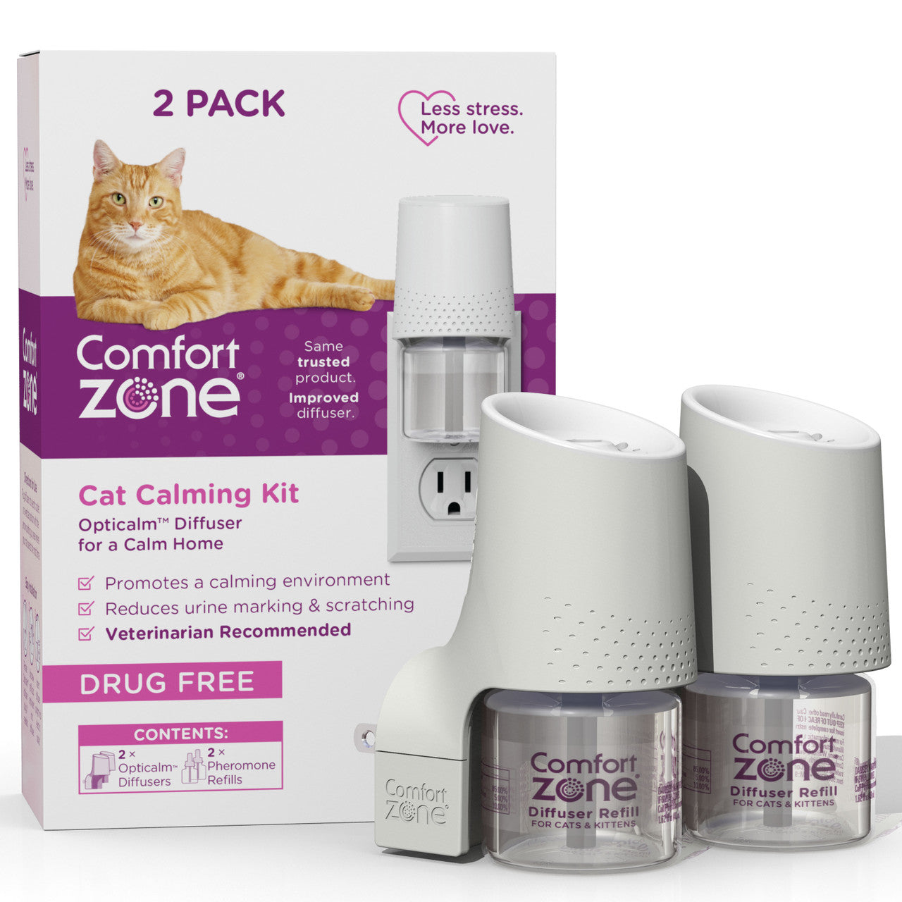 Comfort Zone Cat Calming Diffuser Kit, Cat Pheromone, 2 Diffusers and 2-1.62 fl ox (48mL) Refills, New Formula