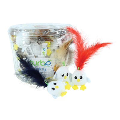 Coastal Turbo Cat Toy Bin with Lime Loop Egg w/Feathers White, Red, Blue, Brown, Yellow 48 pk 076484228506