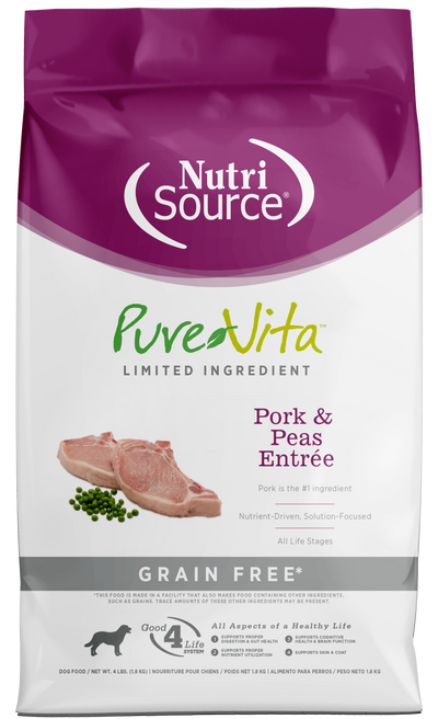NutriSource PureVita LID Grain Free Dry Dog Food Pork & Peas Entrée 4 lb 073893183501