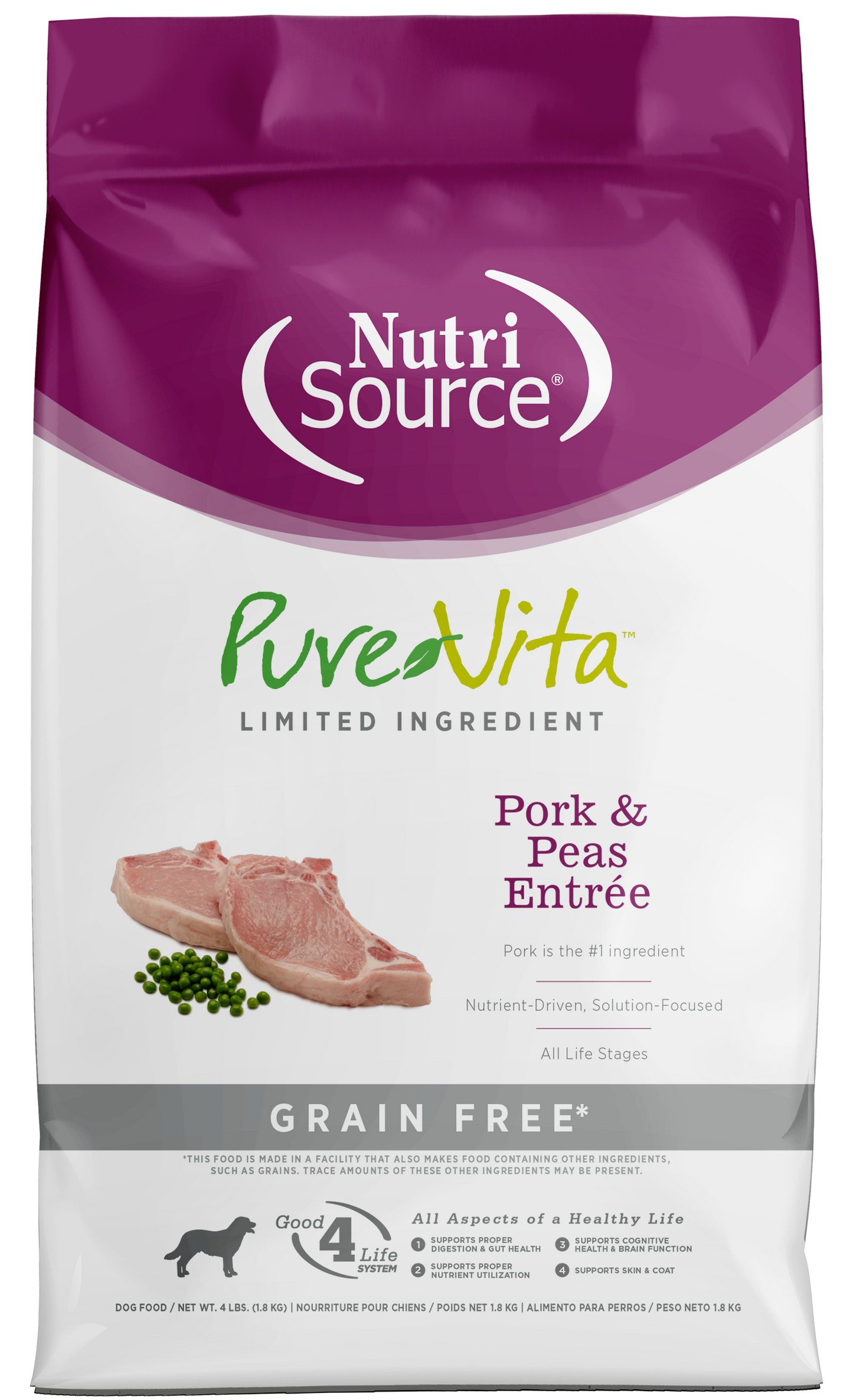 NutriSource PureVita LID Grain Free Dry Dog Food Pork & Peas Entrée 4 lb 073893183501
