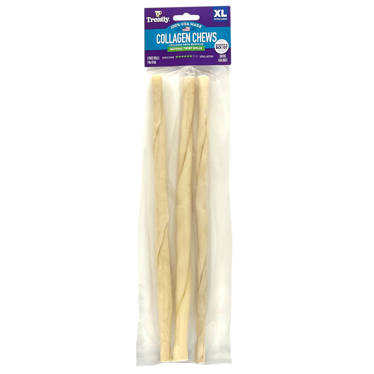 Treatly Collagen Chew Twist Rolls Dog Treats Natural X-Large, 3 pk 094983001321