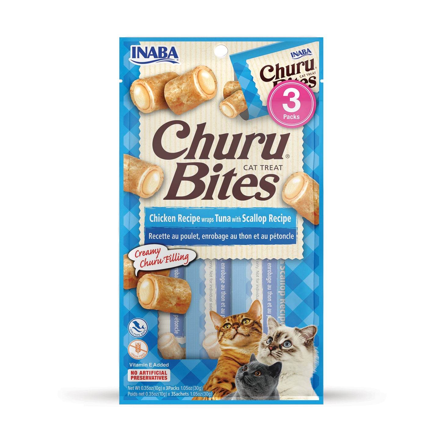 INABA Churu Bites Chicken Wraps Cat Treats Tuna w/Scallop 6ea/1.05 oz, 3 pk 854871008937