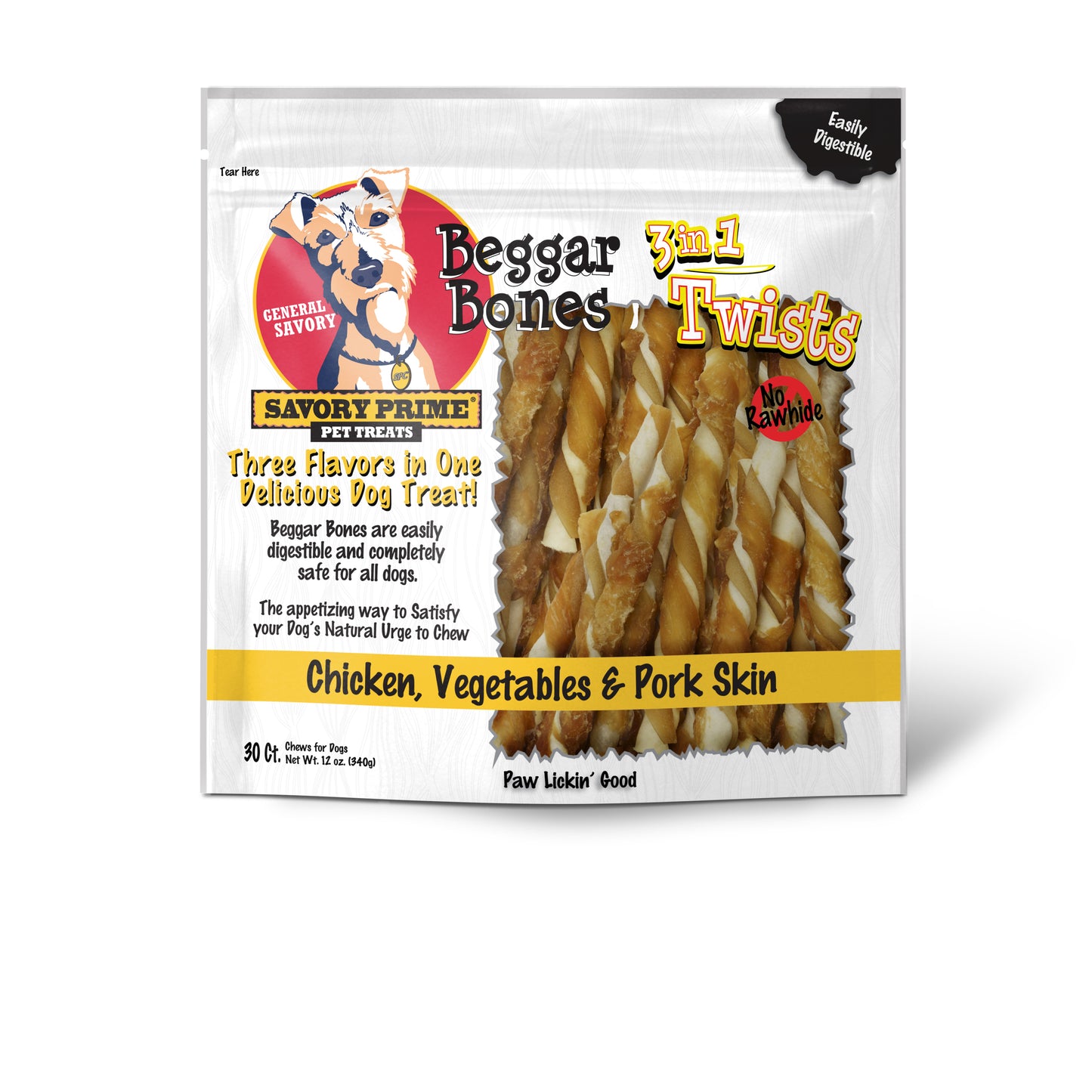 Savory Prime Beggar Bone 3in1 Twists Dog Treat Chicken, Vegetable & Pork 30 ct 810359004440