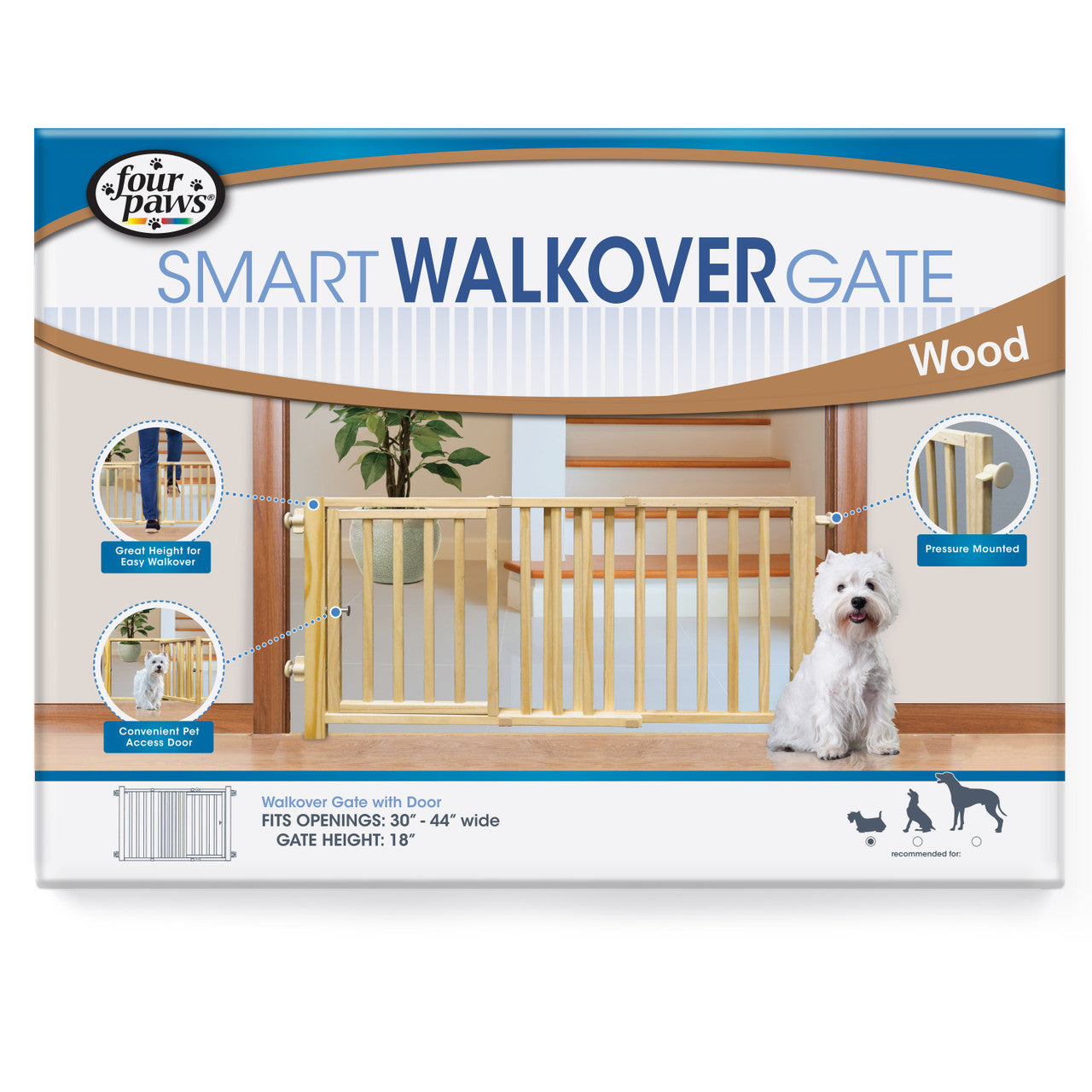 Four Paws Walkover Wood Dog Gate with Door 30-44" W x 18" H