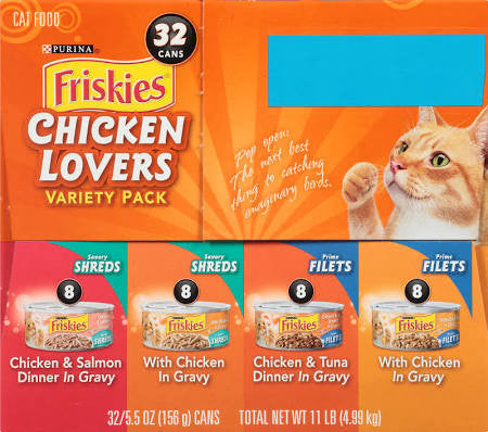 Chicken Lovers Variety Pack includes: 8-5.5 oz. cans Savory Shreds Chicken & Salmon Dinner in Gravy, 8-5.5 oz. cans Savory Shreds with Chicken in Gravy, 8-5.5 oz. cans Prime Filets Chicken & Tuna Dinner in Gravy, 8-5.5 oz. cans Prime Filets wit"