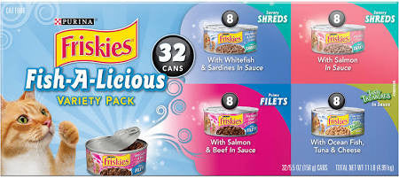 Fish-A-Licious Variety Pack includes: 8-5.5 oz. cans Savory Shreds: With Whitefish & Sardines in Sauce, 8-5.5 oz. cans Savory Shreds: With Salmon in Sauce, 8-5.5 oz. cans Tasty Treasures in Sauce: With Ocean Fish, Tuna & Cheese, and 8-5.5 oz. c"