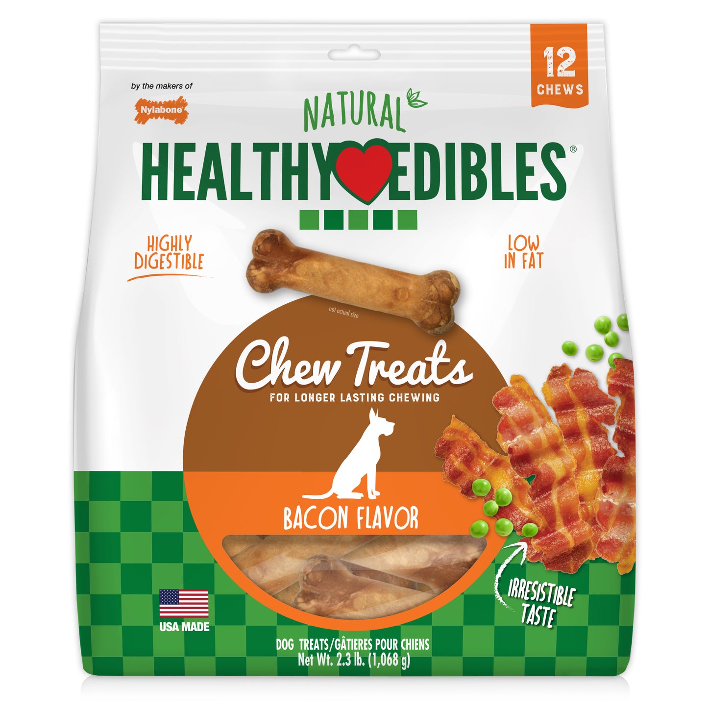 Nylabone Healthy Edibles All-Natural Long Lasting Chew Treats Bacon Medium/Wolf - Up To 35 Lbs. (12 ct) 018214852988