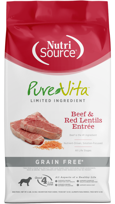 NutriSource PureVita LID Grain Free Dry Dog Food Beef & Red Lentils Entrée 4 lb 073893181118
