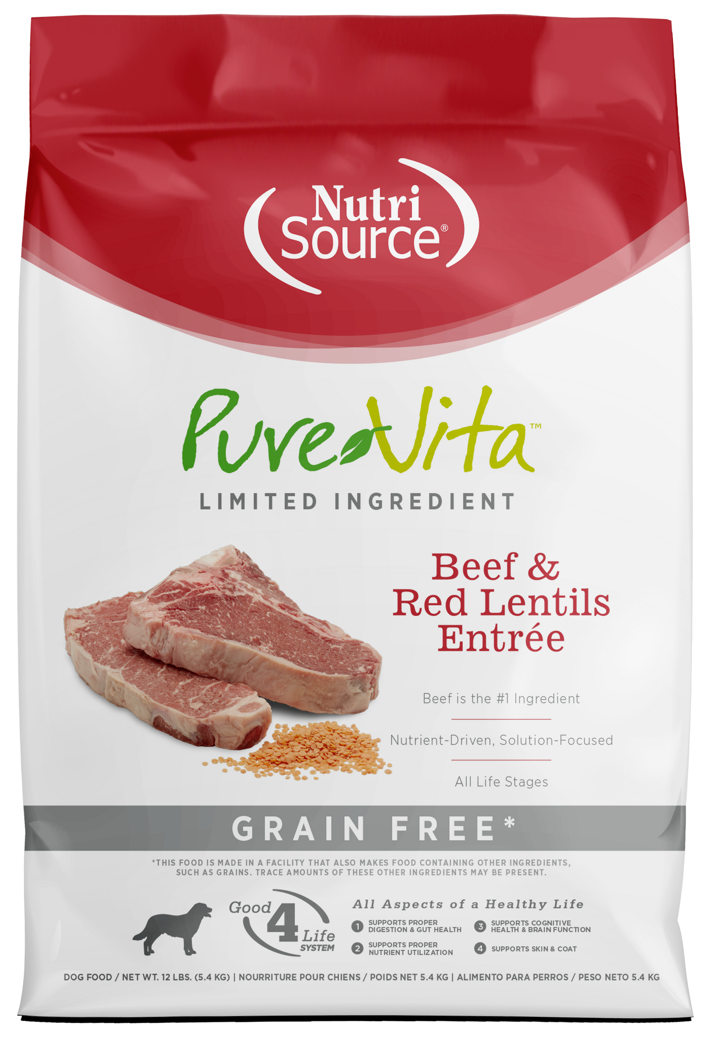 NutriSource PureVita LID Grain Free Dry Dog Food Beef & Red Lentils Entrée 12 lb 073893181125