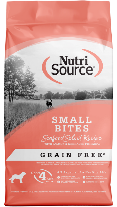 NutriSource Select Recipe Small Bites Grain Free Dry Dog Food Seafood Select 4 lb 073893430148