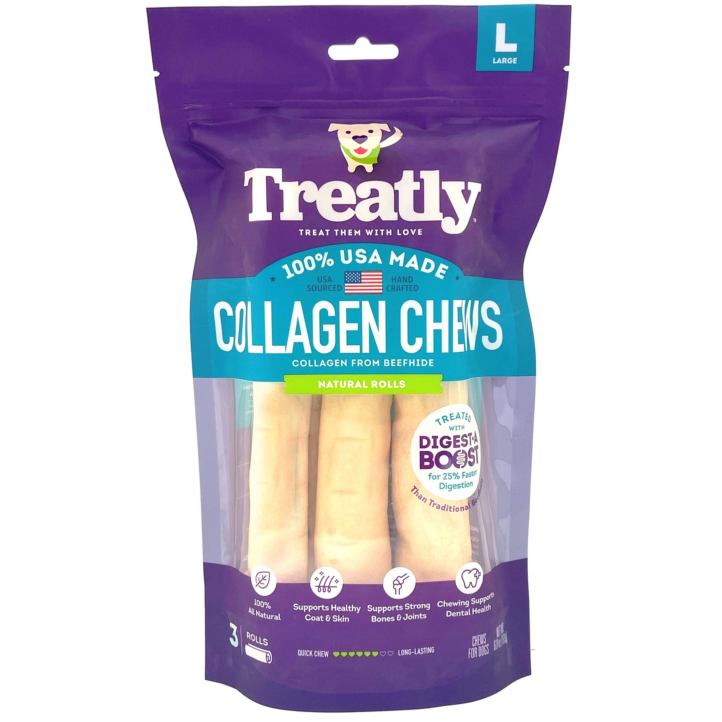 Treatly Collagen Chew Rolls Dog Treats Natural Large, 3 pk 094983001260