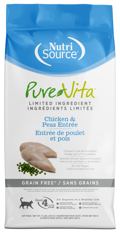 NutriSource PureVita LID Grain Free Dry Cat Food Chicken & Peas 1.5 lb 073893173076