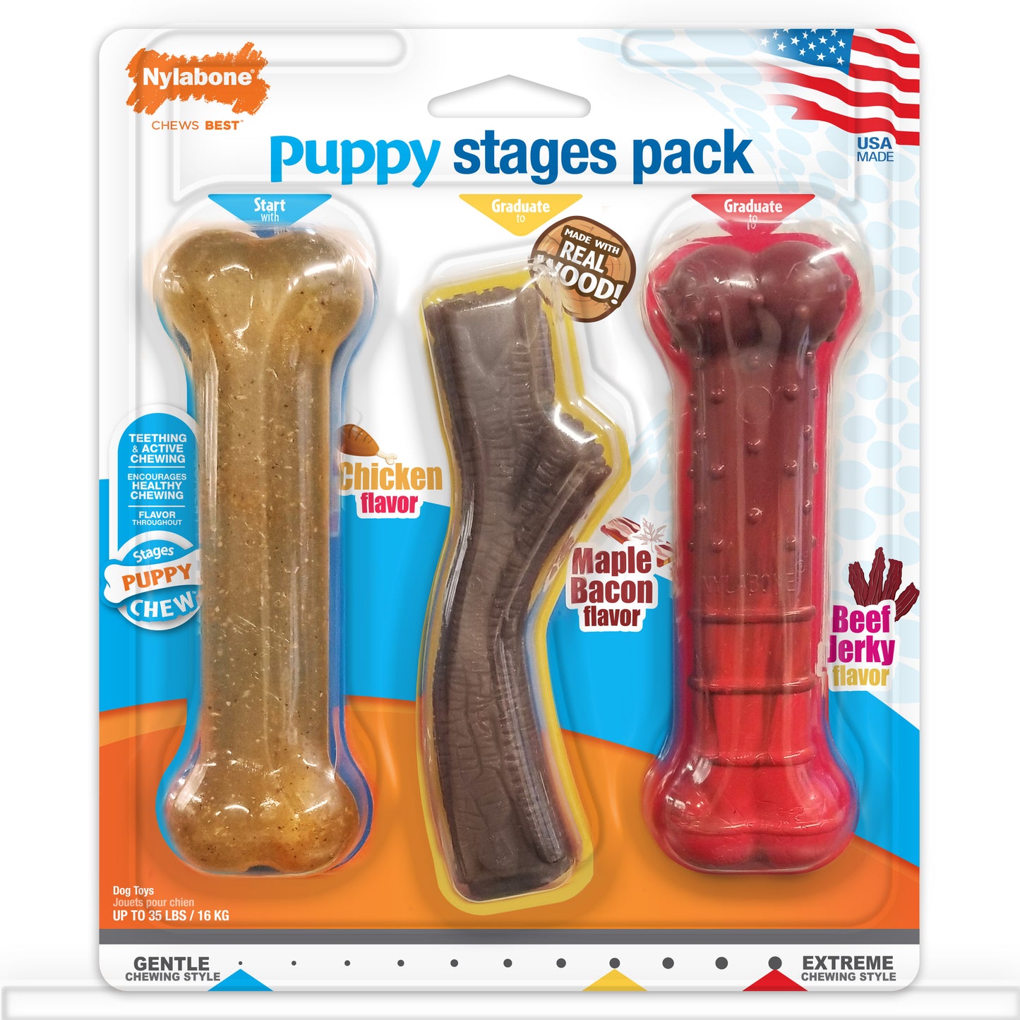 Nylabone Puppy Chew Stages Triple Pack Chewy Toys Chicken, Bacon, & Beef Jerky Medium/Wolf - Up To 35 Lbs. (3 ct) 018214852223