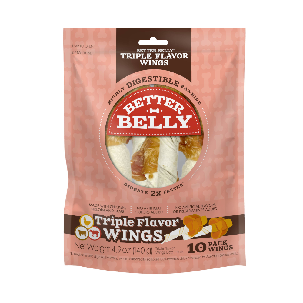 Better Belly Rawhide Triple Flavor Wings Dog Treat Chicken, Sirloin, & Lamb 10 pk 615650000241
