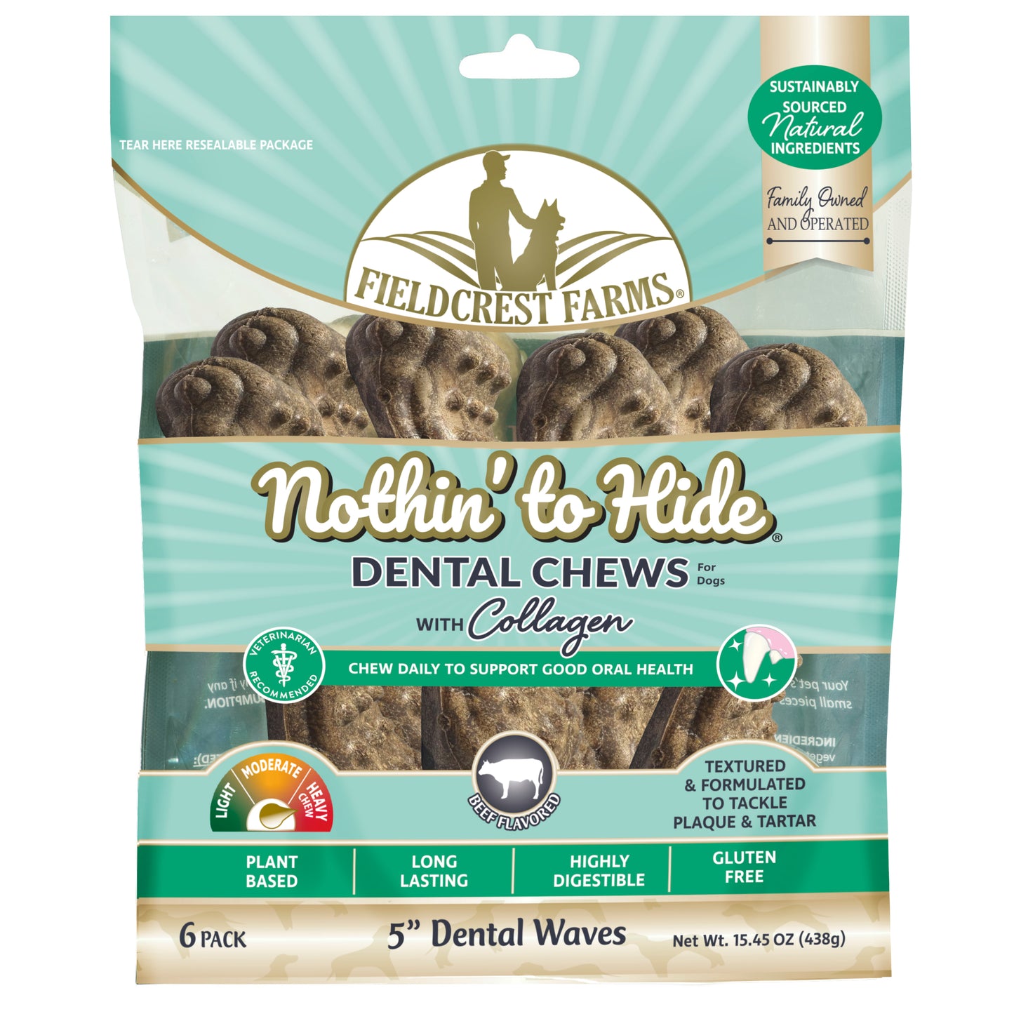 Fieldcrest Farms Nothin' to Hide Dental Wave Collagen Dog Chew Beef 5 in, 6 pk 810002633966