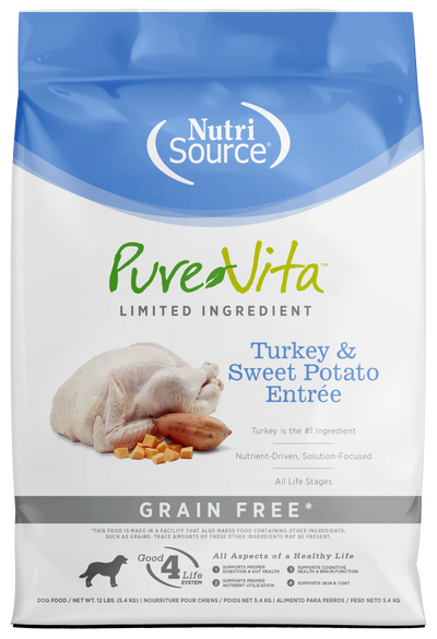 NutriSource PureVita LID Grain Free Dry Dog Food Turkey & Sweet Potato Entrée 12 lb 073893175032