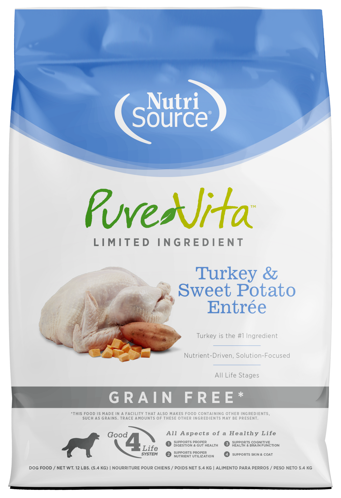 NutriSource PureVita LID Grain Free Dry Dog Food Turkey & Sweet Potato Entrée 12 lb 073893175032