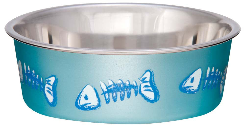 Loving Pets Bella Designer Fish Skeleton Cat Dish Metallic Ocean Blue XXS