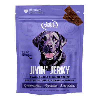 NUTRISOURCE DOG JIVIN JERKY TREAT QUAIL, DUCK, CHICKEN 4OZ