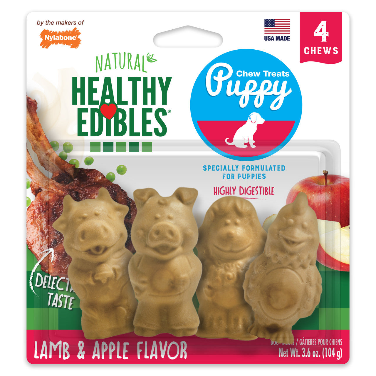 Nylabone Healthy Edibles Puppy Natural Long Lasting Dog Chew Treats Lamb & Apple Small/Regular (4 Count)