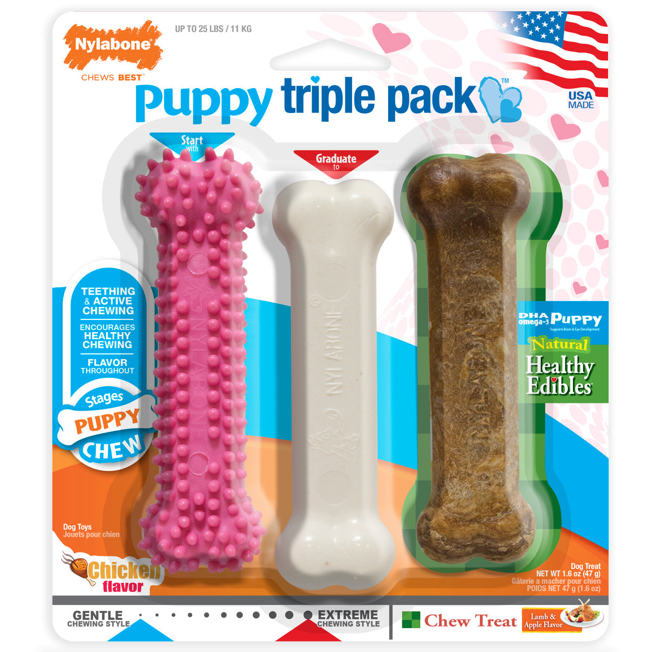 Nylabone Puppy Chew Variety Toy & Treat Triple Pack Chicken & Lamb Starter Kit Small/Regular - Up to 25 Ibs.