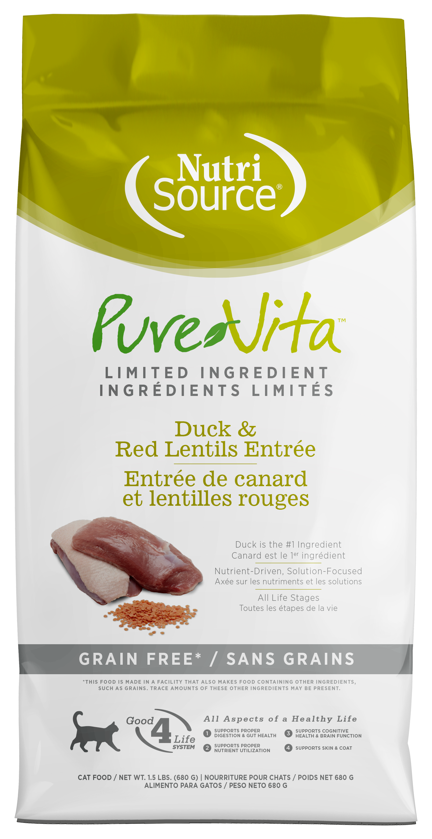 NutriSource PureVita LID Grain Free Dry Cat Food Duck & Red Lentils 1.5 lb 073893180128