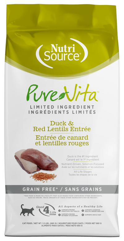 NutriSource PureVita LID Grain Free Dry Cat Food Duck & Red Lentils 1.5 lb 073893180128