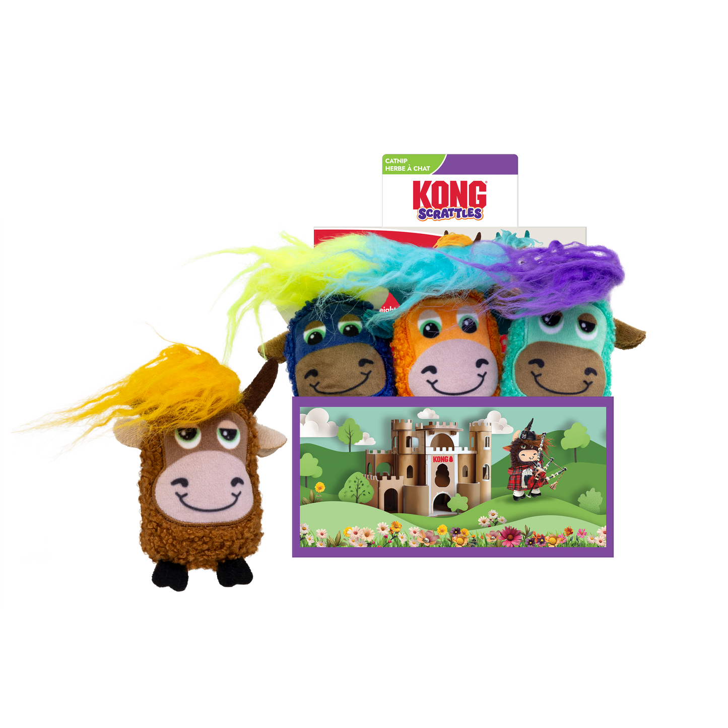 KONG Scrattles Highland Cow Dog Toy Display Assorted Color 12Pc 035585534053