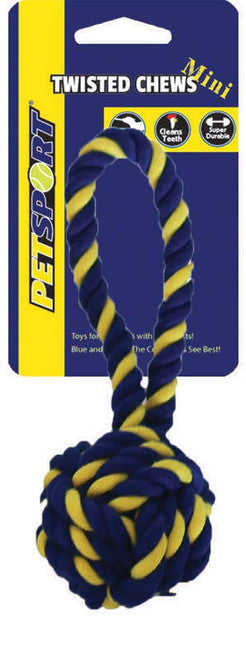 Petsport USA Twisted Chew Monkey Fist Dog Toy Blue Yellow 7 in Mini