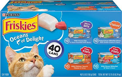 <p>Watch your feline friend come bounding to her dish every time you open a can from this Purina Friskies Oceans of Delight wet cat food variety pack. Containing 10 cans each of four delectable flavors, this variety pack gives your little carnivore the seafood flavor she craves at mealtime. Since each recipe contains 100% complete and balanced nutrition for the maintenance of adult cats, you get the satisfaction of knowing you're filling her bowl with wet cat food that's good for her. Tasty gravy leaves her