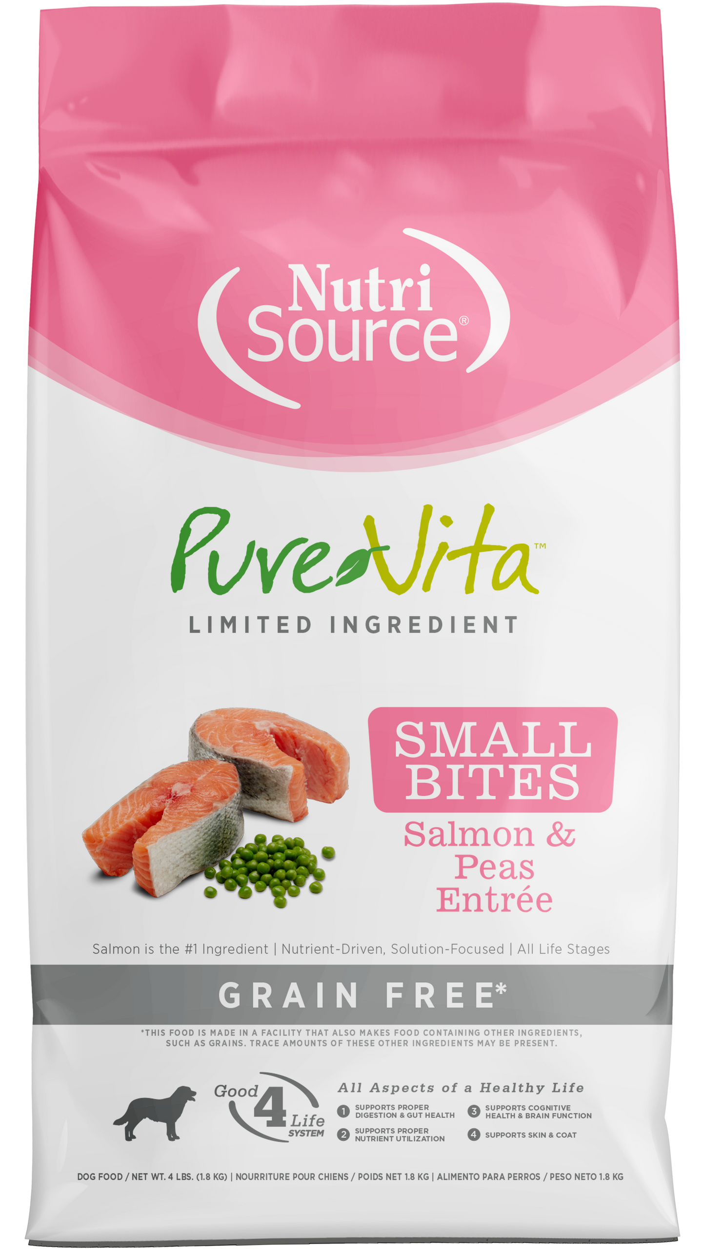 NutriSource PureVita LID Grain Free Small Bites Dry Dog Food Salmon & Peas 4 lb 073893177111