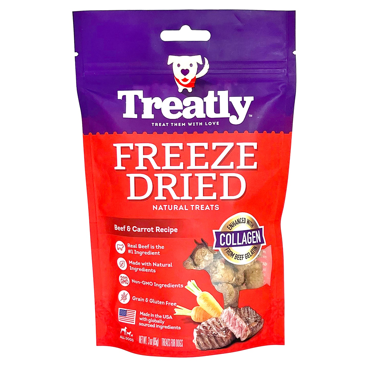 Treatly Freeze Dried Dog Treats Beef & Carrot 3 oz 094983004148