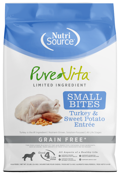NutriSource PureVita LID Grain Free Small Bites Dry Dog Food Turkey & Sweet Potato 12 lb 073893175131