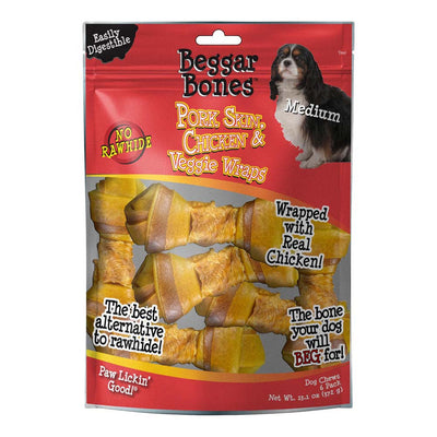 Savory Prime Beggar Bones Pork Skin, Chicken & Veggie Wraps Dog Treats MD 6 pk