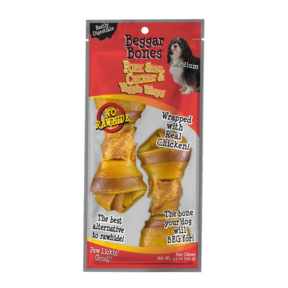 Savory Prime Beggar Bones Pork Skin, Chicken & Veggie Wraps Dog Treats MD 2 pk