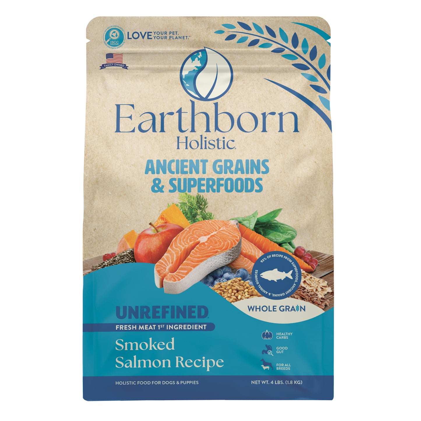 Earthborn Holistic Unrefined Ancient Grains & Superfoods Dry Dog Food Smoked Salmon 4 lb 034846540918