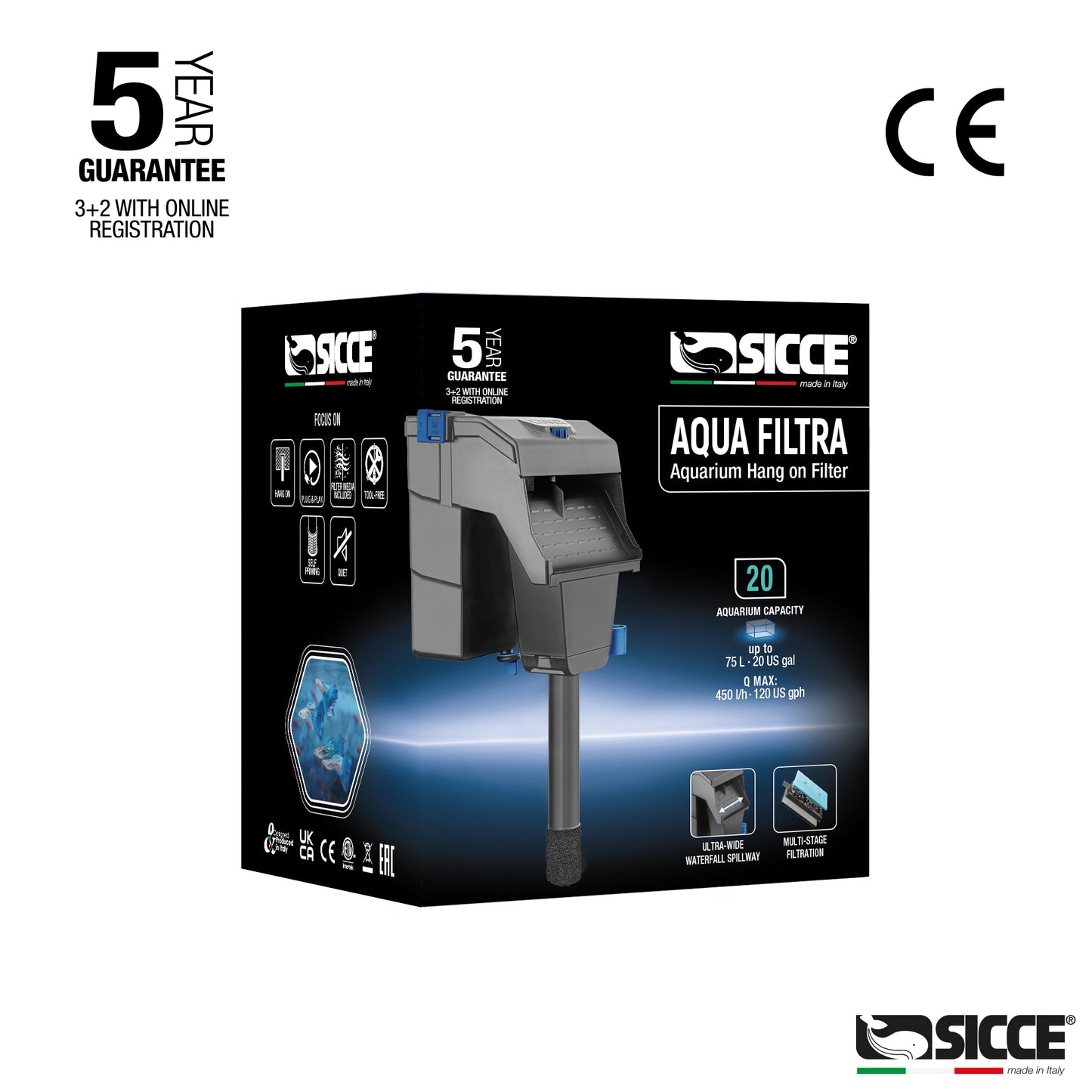 Sicce Aqua Filtra Aquarium Hang on Filter 20 gal 8011469982136