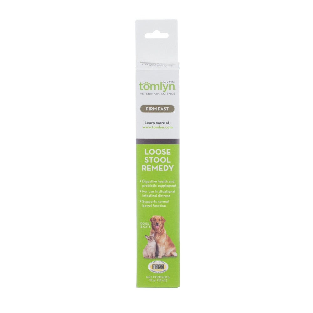 Tomlyn's Loose Stool Remedy ?? Firm Fast for dogs and cats helps owners manage occasional loose stools. Pet parents should anticipate results within 48 hours. It supports pets with loose stools in several ways. It contains ingredients that help absorb water from loose stools, soothes the intestinal lining, and slow intestinal motility. Additionally, it contains a probiotic that helps displace harmful bacteria and supports the body's immune defenses. The product can be used once loose stools are seen or ahe