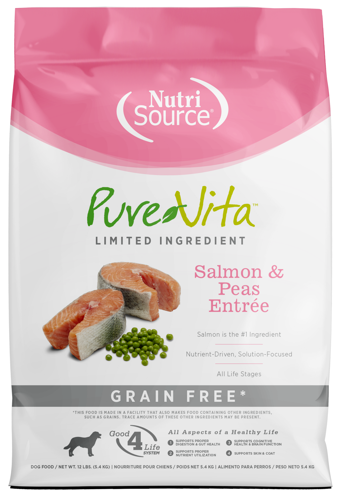 NutriSource PureVita LID Grain Free Dry Dog Food Salmon & Peas Entrée 12 lb 073893177036