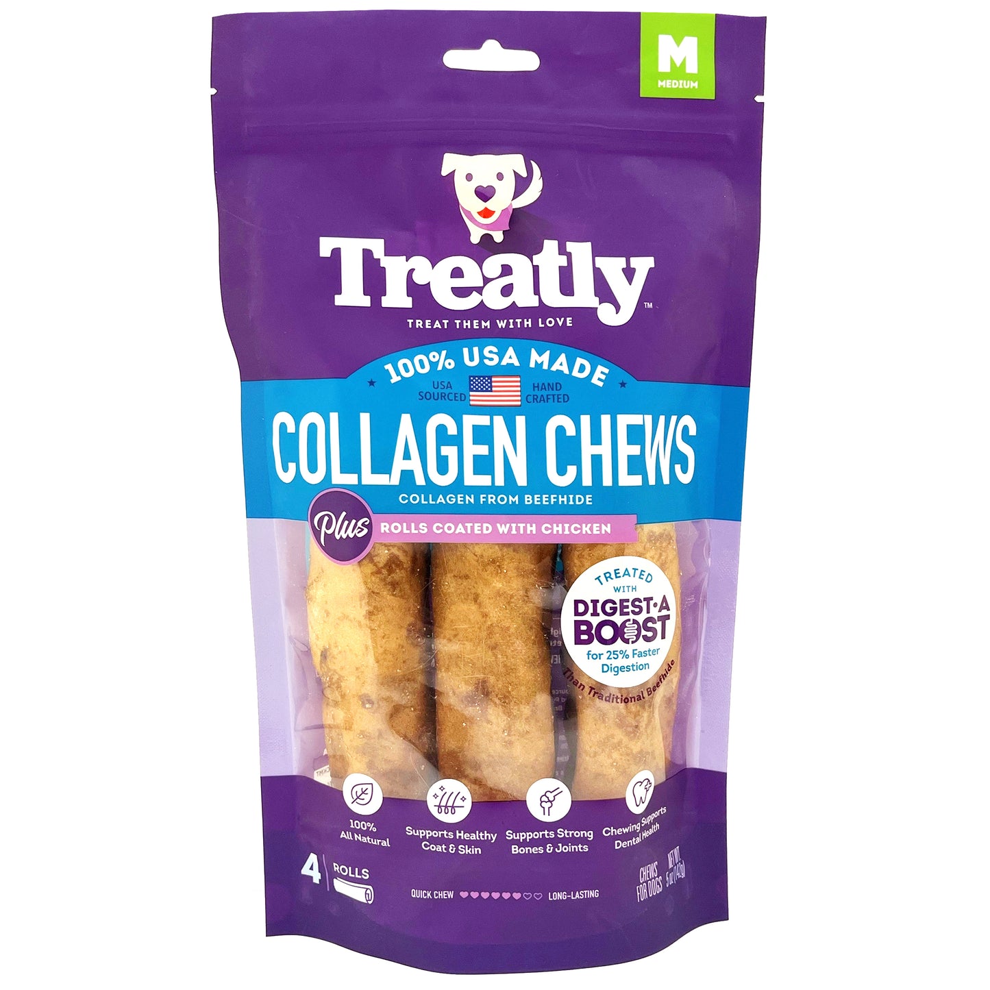 Treatly Collagen Chew Rolls Dog Treats Chicken Medium, 4 pk 094983001246