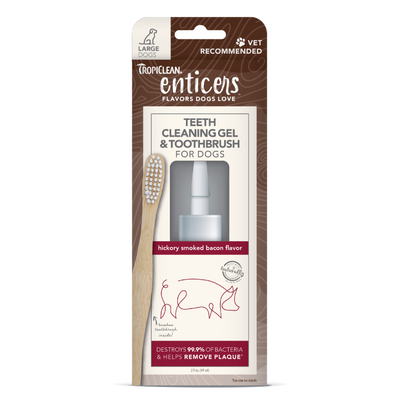 TropiClean Enticers Teeth Cleaning Gel & Toothbrush for Dogs Hickory Smoked Bacon 2 oz, Large 645095004528